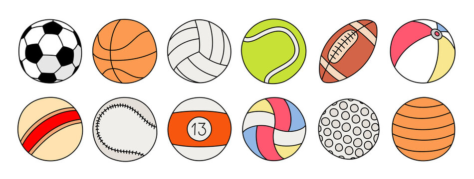 Sports ball sketch set. Color icon. Vector freehand illustration. Football, basketball, volleyball, baseball, rugby, billiards, tennis, golf, beach, fitness equipment