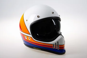 Foto op Canvas Motorcycle motocross colored rainbow mx helmet over white background © OceanProd