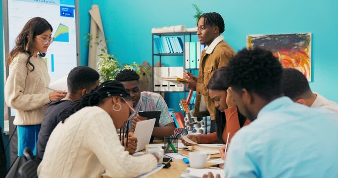 A group of business people, lead a meeting, work together on a new project, discuss company strategy. They concentrate on work, analyze new ideas, make documents, reports, read email