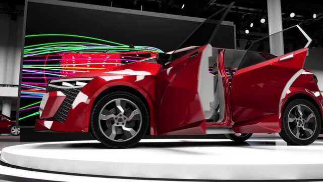 Modern cars at the motorshow. 3D rendering.