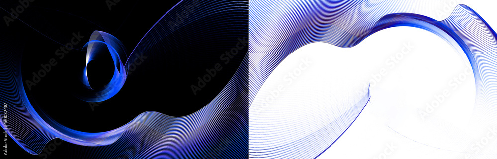 Poster blue highlighted wavy planes transition from black background to white. two backgrounds in one. set 