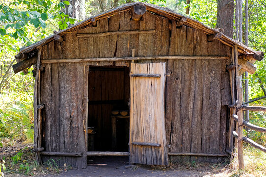 Flimsy wooden house in the forest. No people