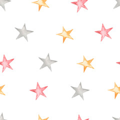 Fototapeta na wymiar Watercolor seamless christmas pattern with colored stars, red, yellow, gray