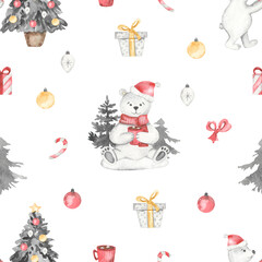 Watercolor seamless christmas pattern with cute polar bear, arctic animals, with christmas tree, spruce, gifts, christmas decorations, lollipops