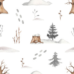 Watercolor seamless christmas pattern with winter forest, tree with hollow, stump, fir trees, snowdrifts