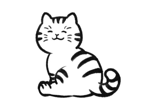 日本画タッチの背中を向けて座る猫のイラストJapanese painting illustration The cat is turning them backs and sitting