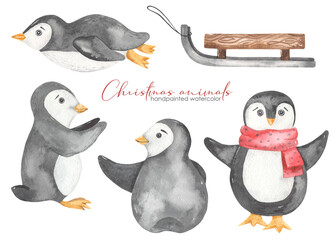 Watercolor set with cute arctic penguins, sleigh, christmas animals