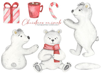 Watercolor set with cute arctic polar bears, gift, lollipop, mug, christmas animals