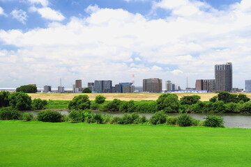 Obraz premium 真夏の誰もいない江戸川河川敷風景