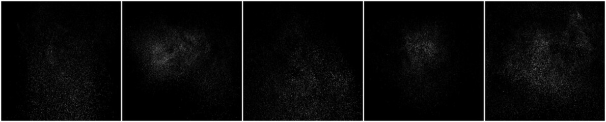 Set of distressed white grainy texture. Dust overlay textured. Grain noise particles. Snow effects pack. Rusted black background. Vector illustration, EPS 10.   