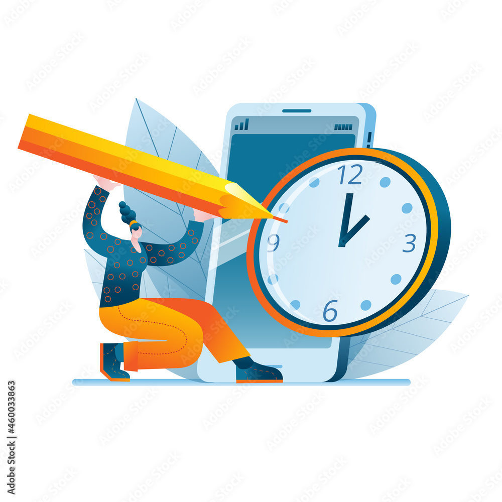 Poster a girl with a big pencil makes notes on the clock in the phone. the concept of a vector illustration