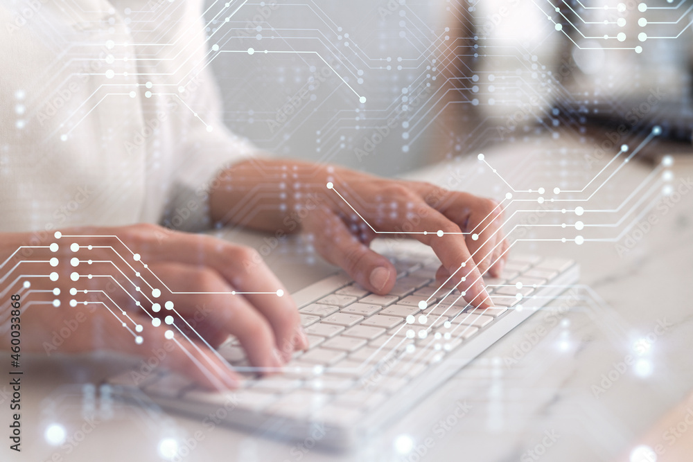 Poster woman typing the keyboard to create innovative software to change the world and provide a completely