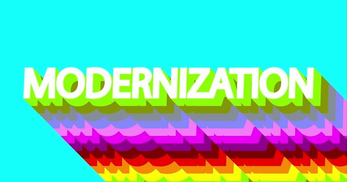 Modernization. 4k animated text with long layered multicolored shadow with the colors of a rainbow on black background.