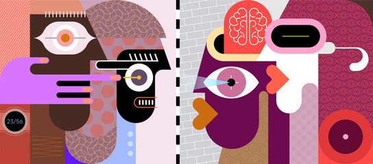 Confrontation between two couples of people modern art vector illustration. The conflicting parties stand opposite each other, they have irreconcilable differences and aggressive confrontation. 