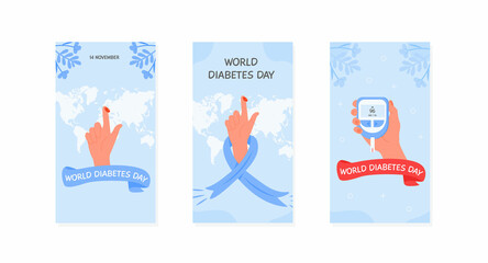 Set of social media story templates for World Diabetes day. Human hand holding glucometer to measure sugar level. Blood glucose test. Finger with blood drop and blue ribbon. Vector flat illustration.