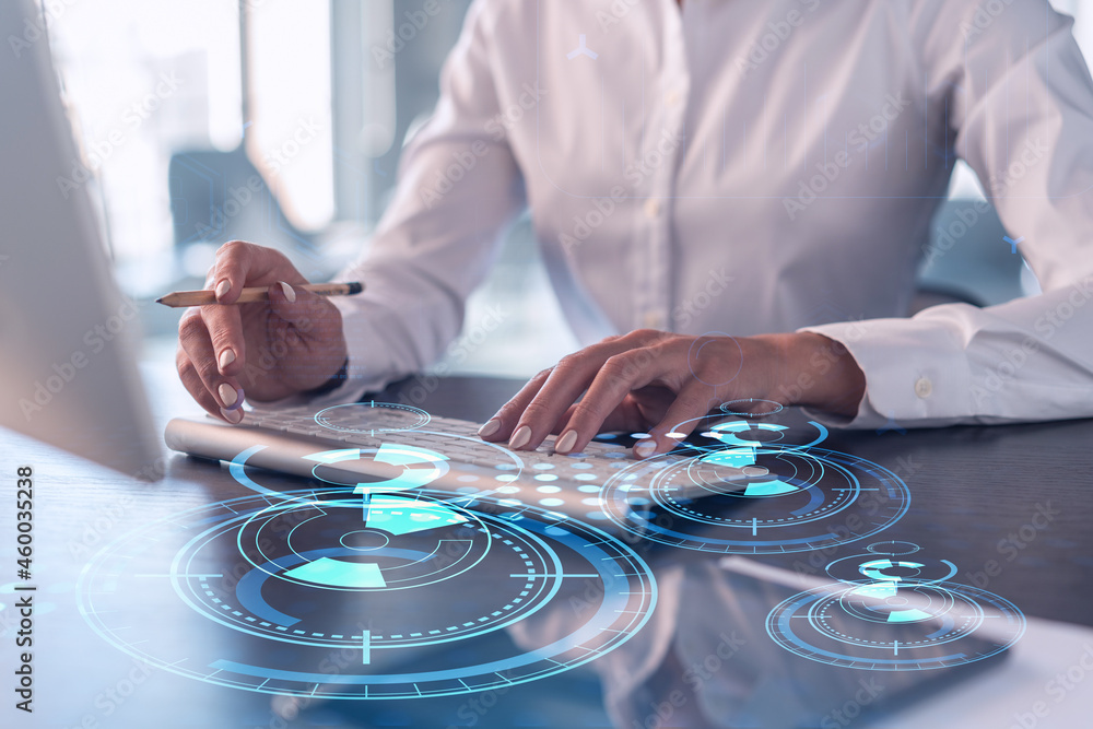 Poster woman typing the keyboard to create innovative software to change the world and provide a completely