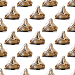 Seamless pattern with Hamantaschen for Jewish holiday Purim on white background.