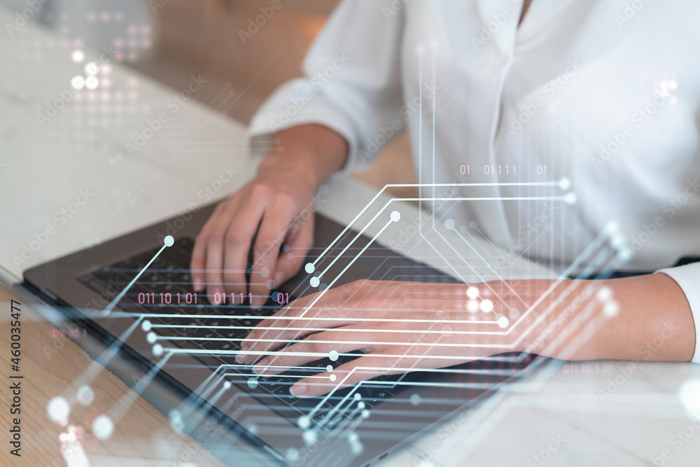 Poster woman typing the keyboard to create innovative software to change the world and provide a completely