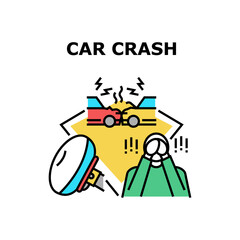 Car Crash Accident Vector Icon Concept. Car Crash Accident, Damaged Vehicle And Air Bag Protective System , Scared Driver Crying. Destroyed Car And Upset Disappointed Man Color Illustration