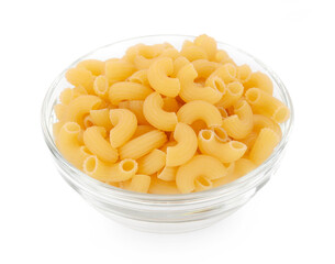 Macaroni in a glass cup on white background
