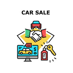 Car Sale Dealership Vector Icon Concept. Customer Choosing Automobile Online On Computer, Buying Vehicle, Handshaking With Agent In Car Sale Dealer And Getting Key Color Illustration