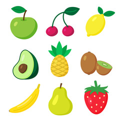 Fototapeta na wymiar Set of vector fruits and berries. Cartoon flat style. Apple, cherry, lemon, avocado, pineapple, kiwi, banana, pear and strawberry. Print for recipes, restaurant, supermarket, market place. Vegan food