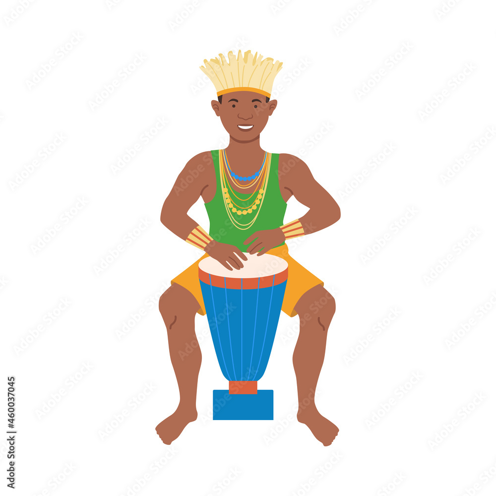 Wall mural African man in traditional national clothes playing ethnic drum cartoon vector illustration