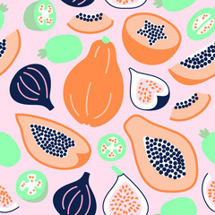 Papaya, fig and feijoa seamless pattern. Vector illustration with exotic fruits for decor, wallpaper, design