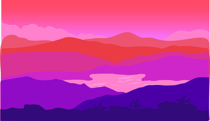 landscape of sky, lake, mountain and plants in orange pink violet and purple, a scene of sunrise or sunset showing in soft beautiful famine and unusual color palette conveys harmony and relax feel.