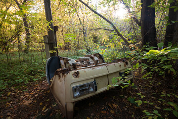 disassembled abandoned car in the forest