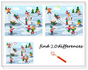 A logical game for children to find the differences. In winter, children play snowballs, make a snowman, sledding and skiing outdoors. Vector isolated on a white background