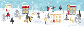 雪が降るクリスマスの街並みと人々のベクターイラスト背景(christmas, Merrychristmas,冬,水色,白)