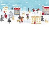 Fototapeta premium 雪が降るクリスマスの街並みと人々のベクターイラスト背景(christmas, Merrychristmas,冬,水色,白)