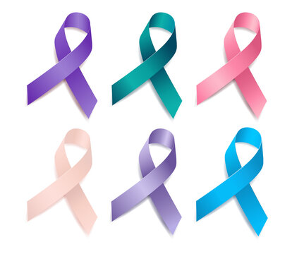 Set of  ribbon awareness Gynecologic Cancer. Cervical, Ovarian, Vaginal, Vulvar, Uterine, Endometrial cancer. Isolated on white background. Vector illustration.