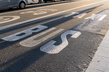 Road markings for bus, taxi and bicycle lanes. Gran Via, Central Madrid