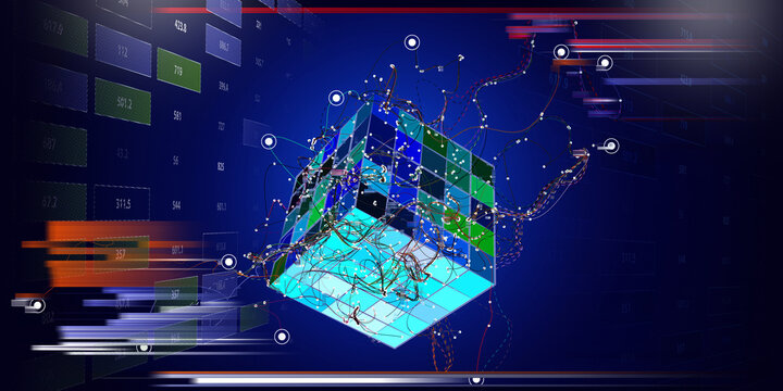 Abstract technology background with  lines connecting dots of poly cube and blurred lines. Analytics algorithms data. Big data.Banner for business, science and technology.