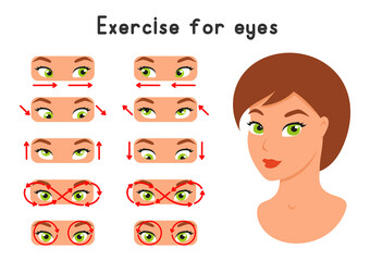 A set of exercises for the eyes. For better vision, relaxation, stretching, focus, training the eye muscles. Cartoon style. Color vector illustration isolated on white background.