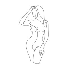 Minimalistic Female Figure One Line Drawing. Linear Woman Body. Female Naked Body Modern Abstract Line Art Drawing. Vector Illustration.