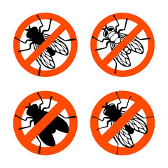 Fly insect. Prohibition sign. Black silhouette. Design element. Vector illustration isolated on white background. Template for repellent.