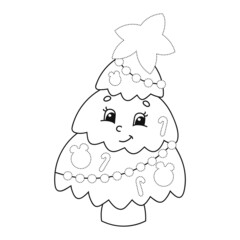 Fir tree. Coloring book page for kids. Cartoon style. Vector illustration isolated on white background.