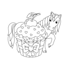 Magic fairy unicorn. Cute horse. Coloring book page for kids. Cartoon style character. Vector illustration isolated on white background.