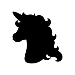 Horse unicorn head. Black silhouette. Design element. Vector illustration isolated on white background. Template for books, stickers, posters, cards, clothes.
