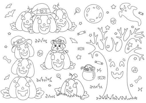 A set of funny pumpkins, tree, moon, cat. Coloring book page for kids. Halloween theme. Cartoon style character. Vector illustration isolated on white background.