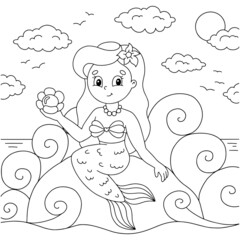 Young beautiful little mermaid sits on a stone. Coloring book page for kids. Cartoon style character. Vector illustration isolated on white background.