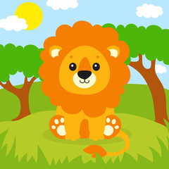 Plakat A cute lion is standing on the grass. Beautiful landscape. Colored background for your design. For wallpapers, covers, postcards, banners. Vector illustration.