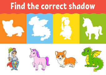 Obraz na płótnie Canvas Find the correct shadow. Education worksheet. Matching game for kids. Fairytale theme. Color activity page. Puzzle for children. Cartoon character. Isolated vector illustration.