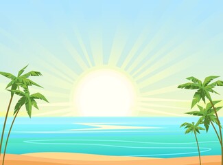 Fototapeta na wymiar Sea beach. Summer seascape. Far away is the ocean horizon. Morning sun rise. Calm weather. Flat style illustration. Vector.