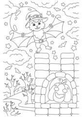 A cute bat flew into the castle. Coloring book page for kids. Cartoon style character. Vector illustration isolated on white background.