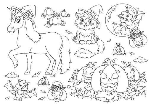 Unicorn in a hat, cat, bat, pumpkin. Halloween theme. Coloring book page for kids. Cartoon style. Vector illustration isolated on white background.