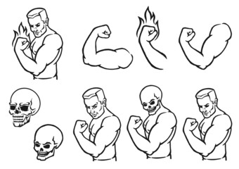 Male bodybuilder flexing his biceps. Outline silhouette. Design element. Vector illustration isolated on white background. Template for books, stickers, posters, cards, clothes.